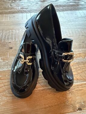 Black Patent Loafer with Gold Chain Detail